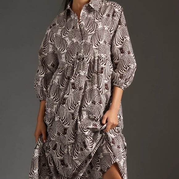 NWT Anthropologie Bettina Dress Shirt Buttondown Zebra Brown Small Petite - Picture 2 of 6